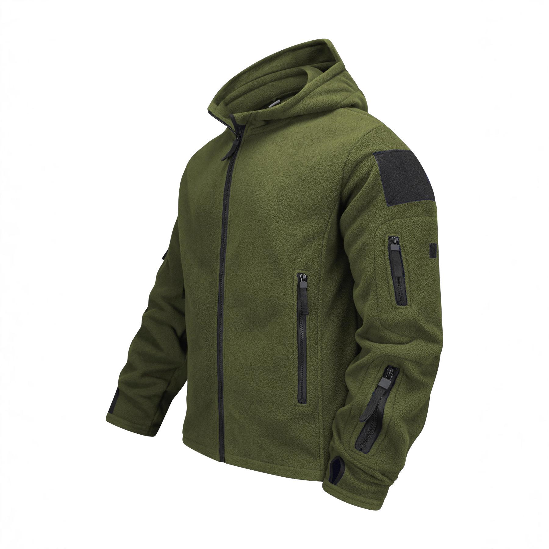 Fleece Hooded Jacket Solid Color Thickened Warm Multi-Pocket Workwear Jacket Men