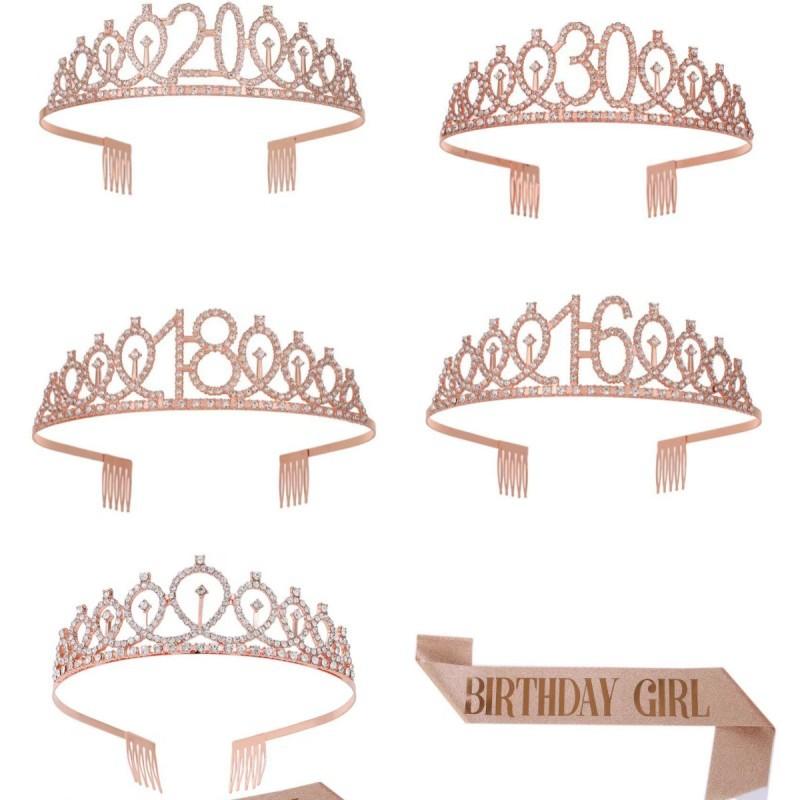 18-Year-Old Rhinestone Crown Girl Dress-Up Headband Hairband Party Birthday Tiara Shoulder Strap Set Rhinestone Birthday Party