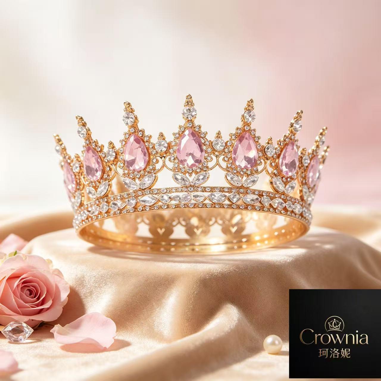 Korean-style light luxury water-drop pink diamond crown bridal wedding dress styling crown adult dress party runway accessories factory