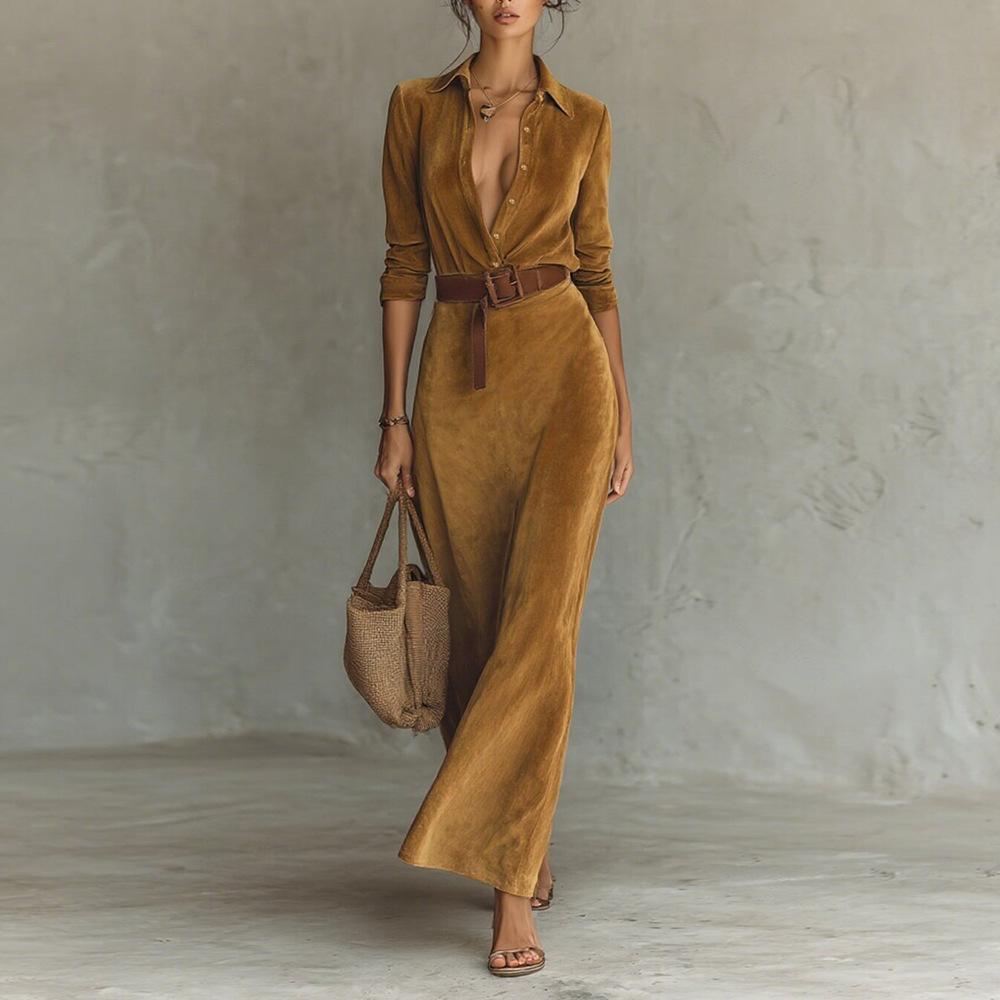 European and American Cross-Border Foreign Trade 2026 Autumn and Winter Suede Waist-Cinching Long Dress Fashionable and Elegant Shirt Dress with Belt