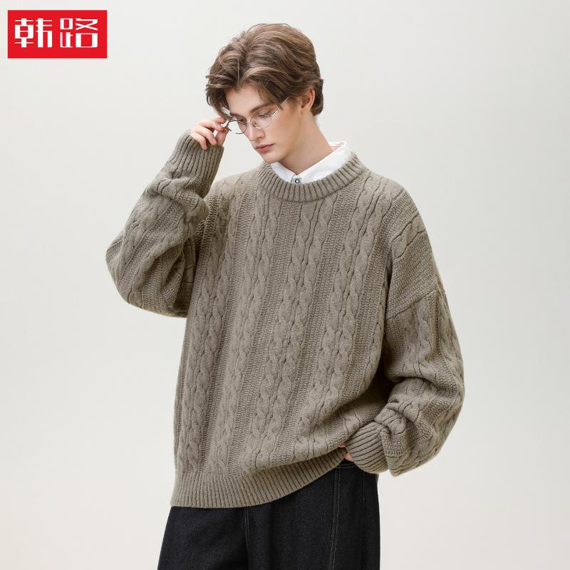 Textured Cable Knit Crew Neck Sweater for Men, Autumn and Winter Trendy Thick Pullover Knit Basic Versatile Jacket