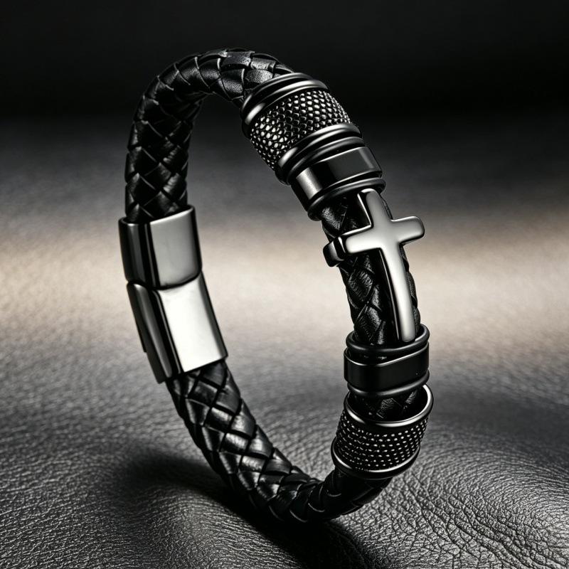 Popular fashion European and American cross multi-ring bracelet, stylish and unique men's leather bracelet, cross-border factory wholesale