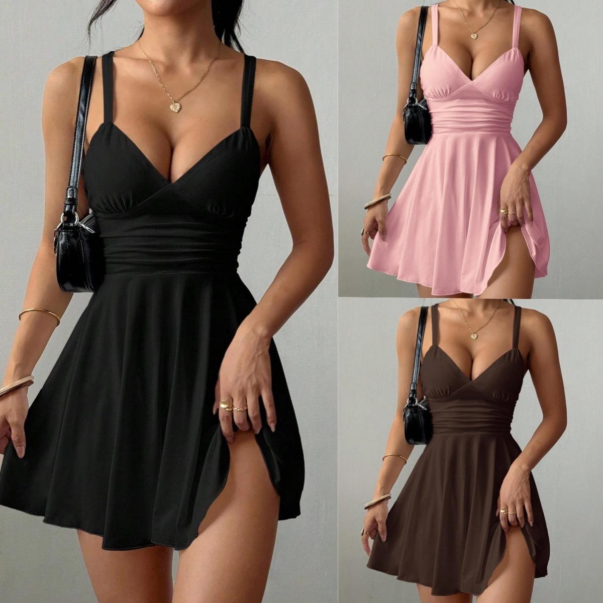 European and American cross-border women's clothing: 2026 summer sexy V-neck dress with straps, slim fit, simple design, and a high-end feel