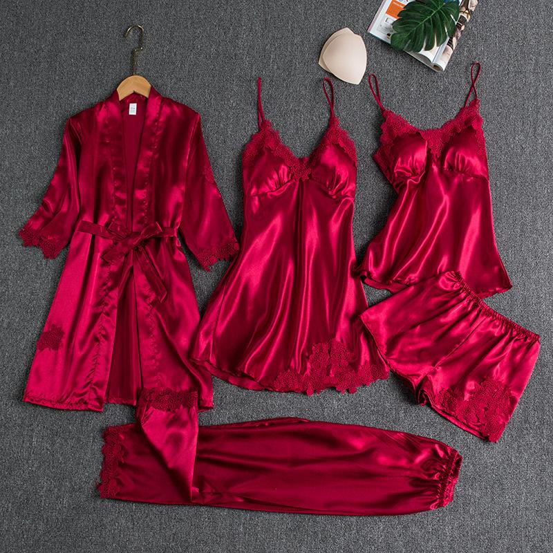 Women's summer pajamas, ice silk, sexy and hot, home wear, spring and autumn, long-sleeved, thin, plus size, cross-border five-piece set, bathrobe