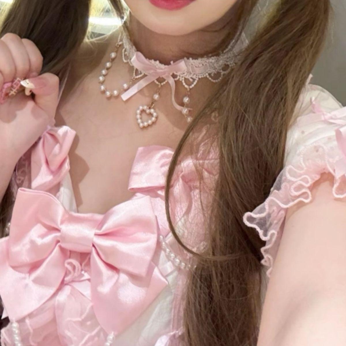 Sweet Lolita Necklace, Lolita Necklace with Gemstones, Pearls, Lace, Photo Shoot Choker, Ribbon Accessories, Neck Accessories