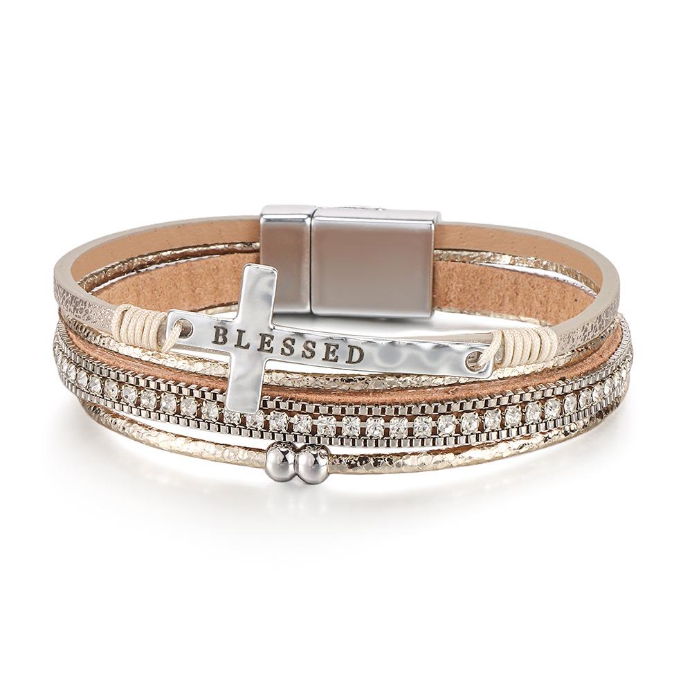 Bohemian style cross multi-layer bracelet new exotic ethnic style drill bracelet high-level leather bracelet