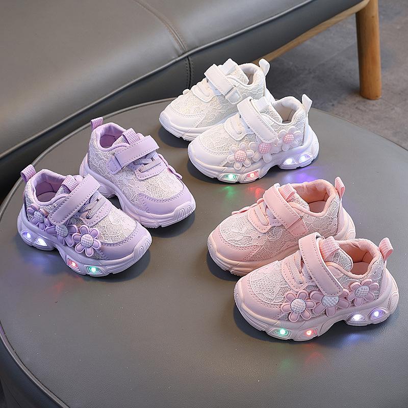 Children's Luminous Dad Shoes 2026 Spring New Fashion Girls' Floral Breathable Sneakers Baby Casual Shoes