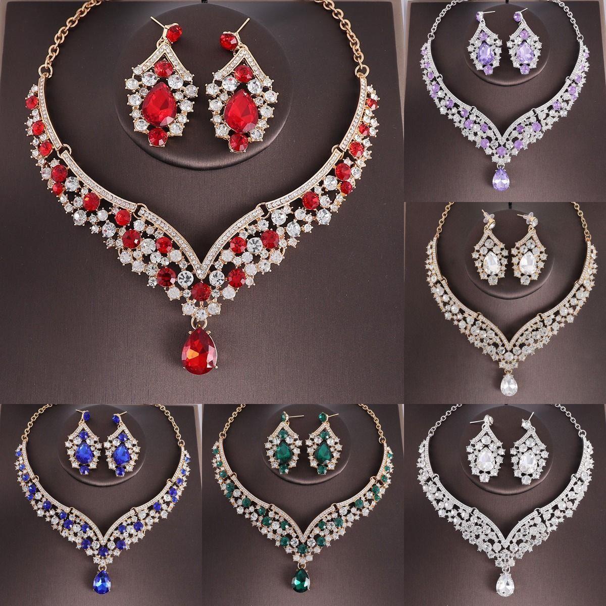 Cross-Border Hot-Selling Retro Necklace and Earrings Set Bridal Wedding Banquet Dress Accessories Exaggerated Luxury Crystal Accessories