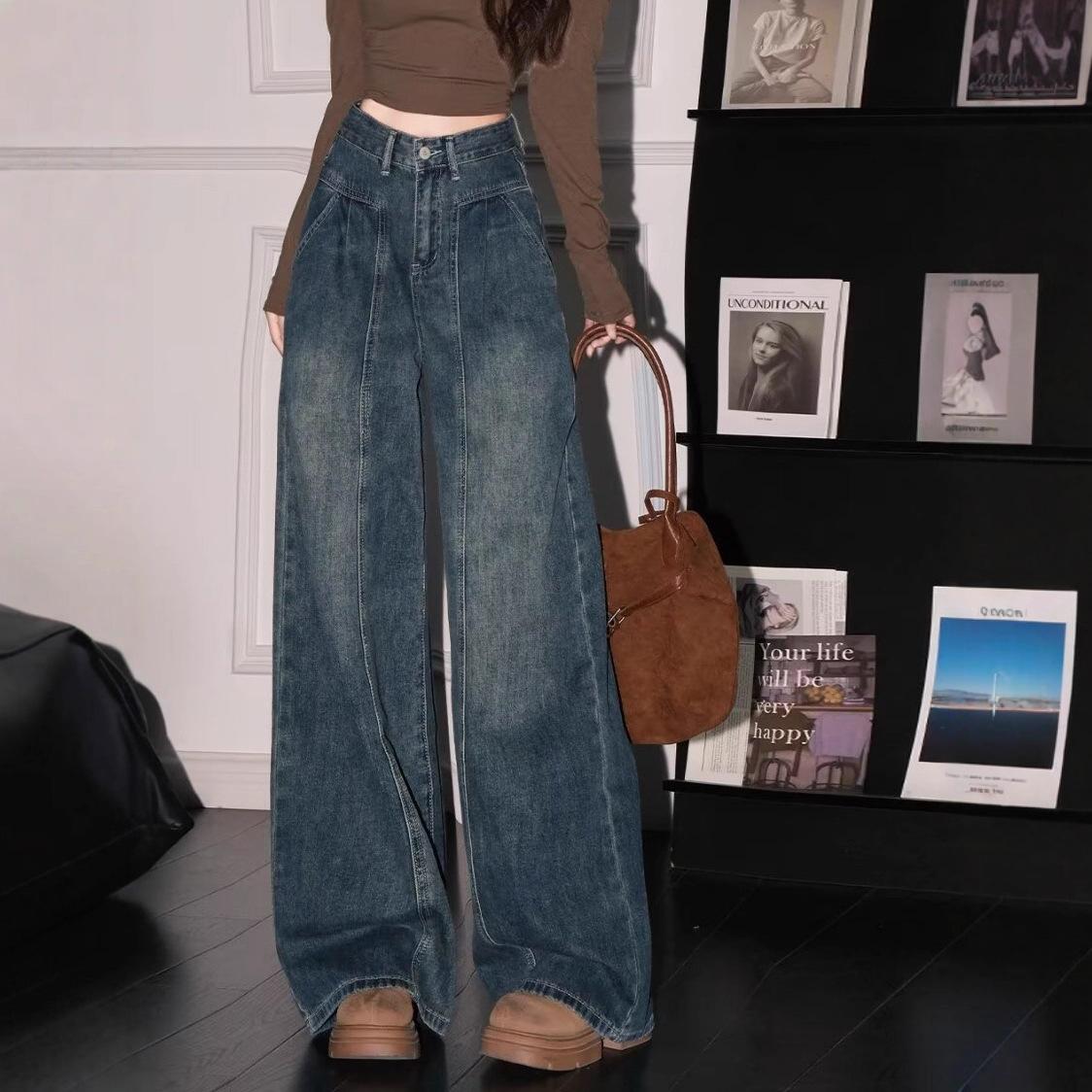 Plus-Size Vintage American-Style Jeans for Women, Autumn and Winter, High-Waisted, Slimming, Straight-Leg, Wide-Leg Pants for Pear-Shaped Body