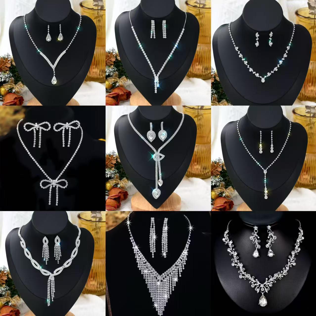 European and American Cross-border Bride Necklace Earrings suit Wedding Simple All-match Gorgeous Light Luxury Grab Chain Rhinestone suit