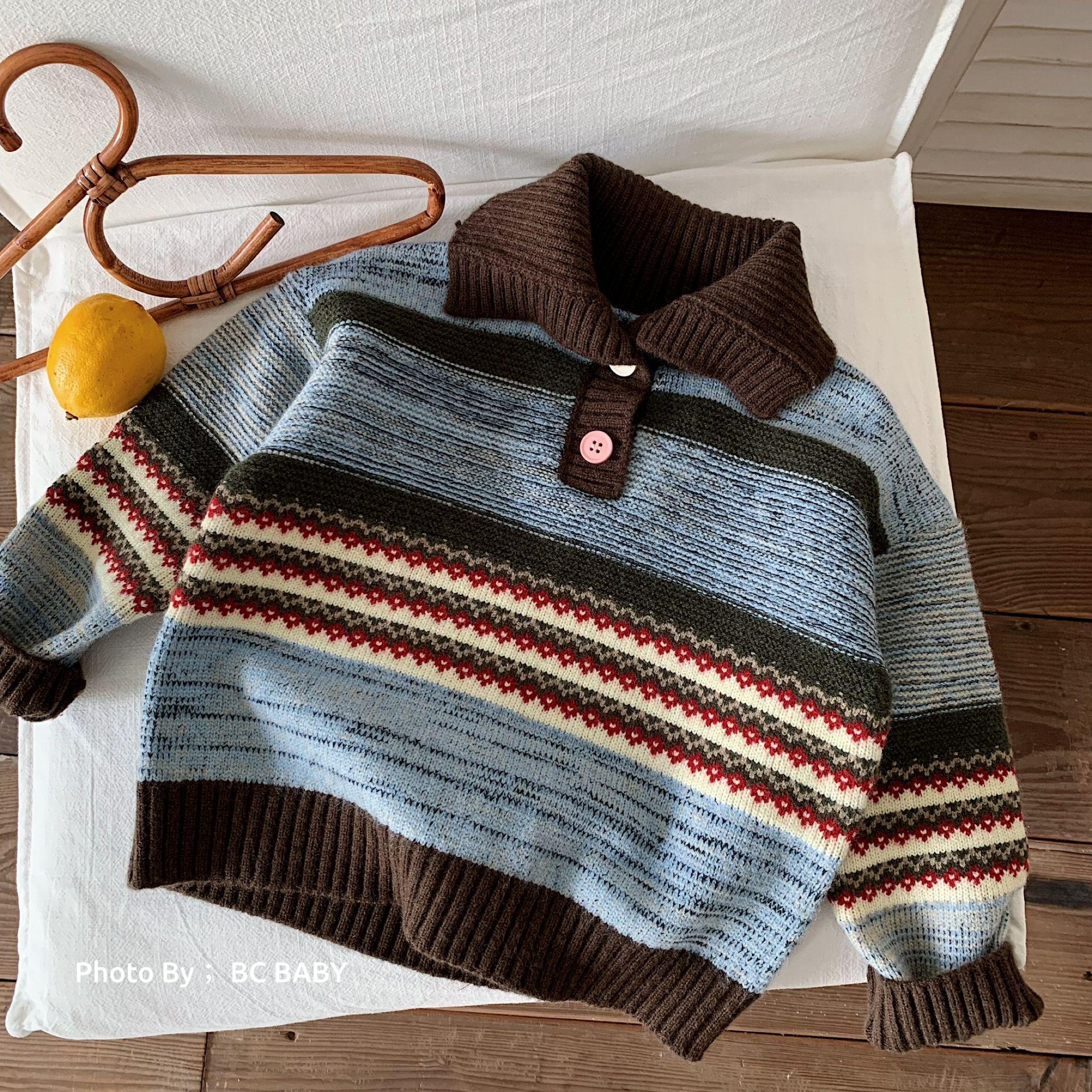 Bangcheng Children's Sweater 2026 Winter New Style Boys' Fashionable Forest-Themed Striped Pullover Thickened Sweater Baby Top