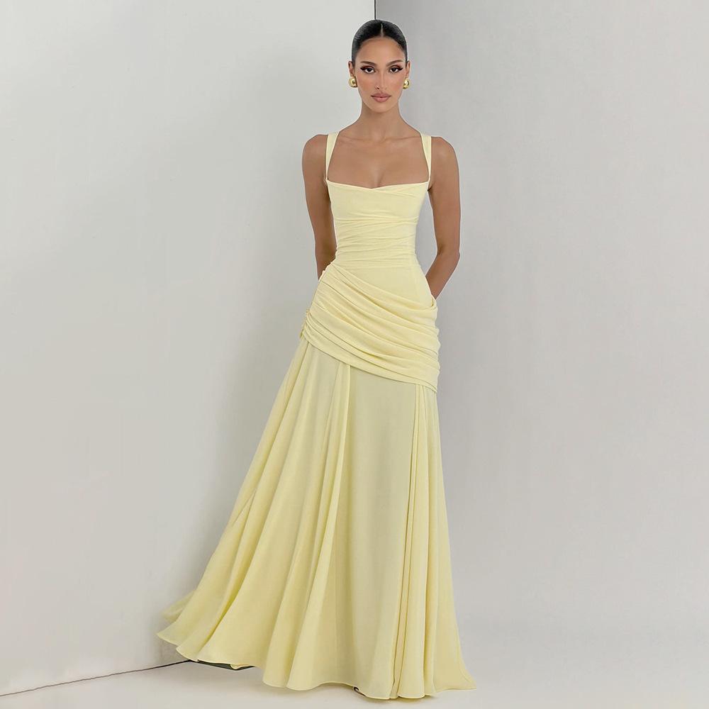 Foreign Trade European and American Style Women's Clothing 2026 Elegant and Sexy Dress Solid Color Pleated Low-Cut Backless Strap Dress