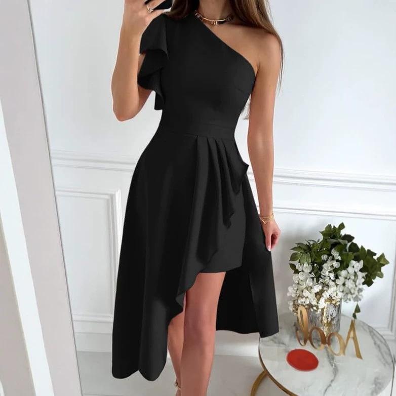2026 New Cross-Border Amazon One-Shoulder Pleated Mid-Length Evening Dress for Prom and Banquet