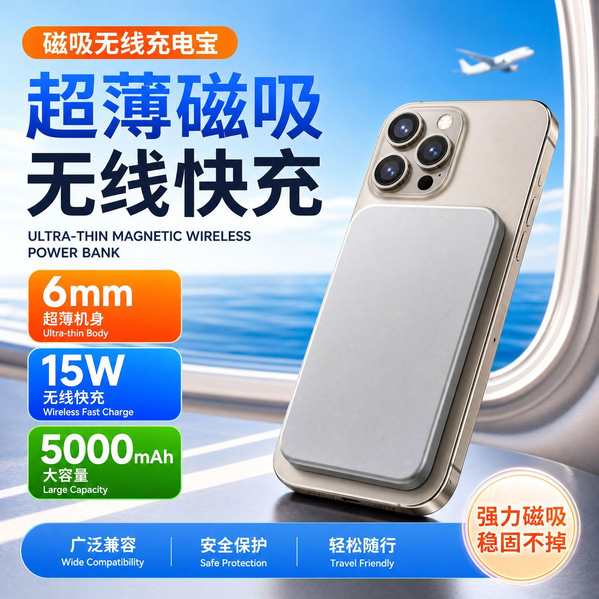 Semi-Solid Magnetic Wireless Power Bank 15W Fast Charging 6mm Ultra-Thin 5000Mah Suitable for Xiaomi 17 Apple K20