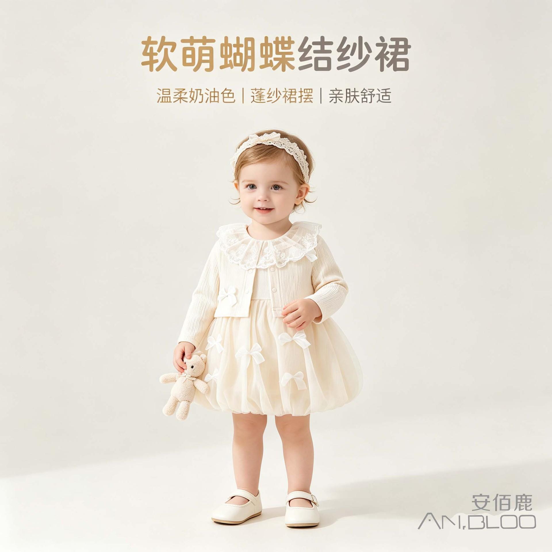 Girls' spring and autumn knitted dress set with lace trim, ruffled netting, and a two-piece outfit suitable for a baby's first birthday celebration