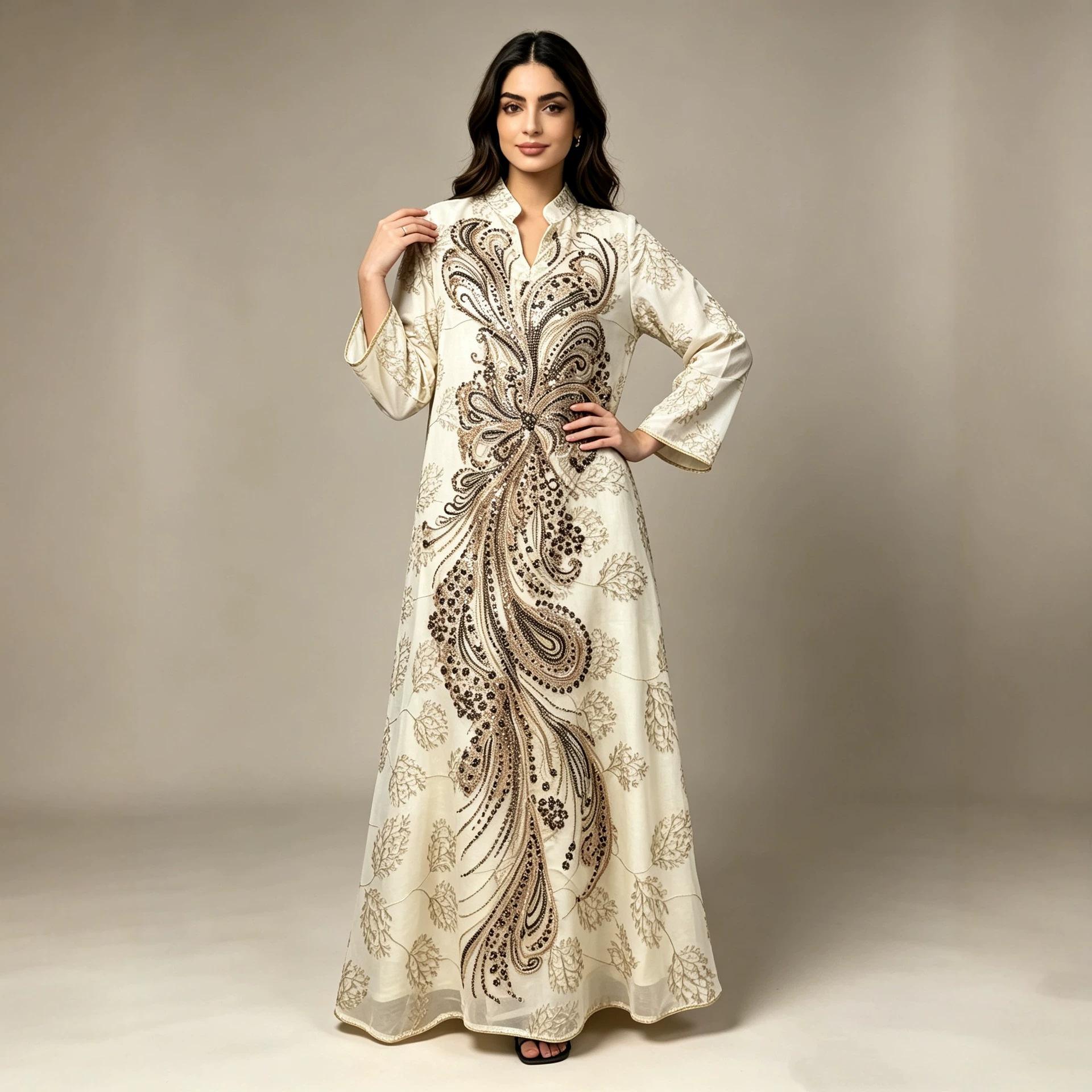 New cross-border V-neck embroidered long gown dress, elegant and classy banquet dress for women, long-sleeved loose evening dress