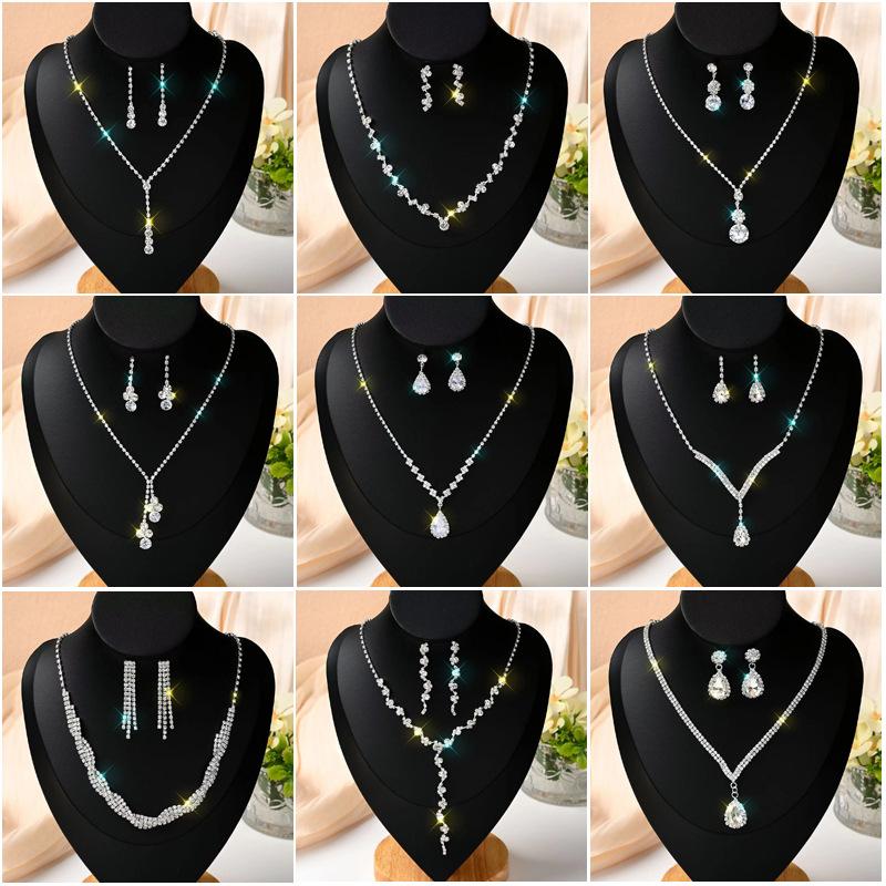 Brilliant Full Diamond Necklace and Earrings Bridal Wedding Jewelry Fashion Claw Chain Newlywed Banquet Dress Set Manufacturer Wholesale