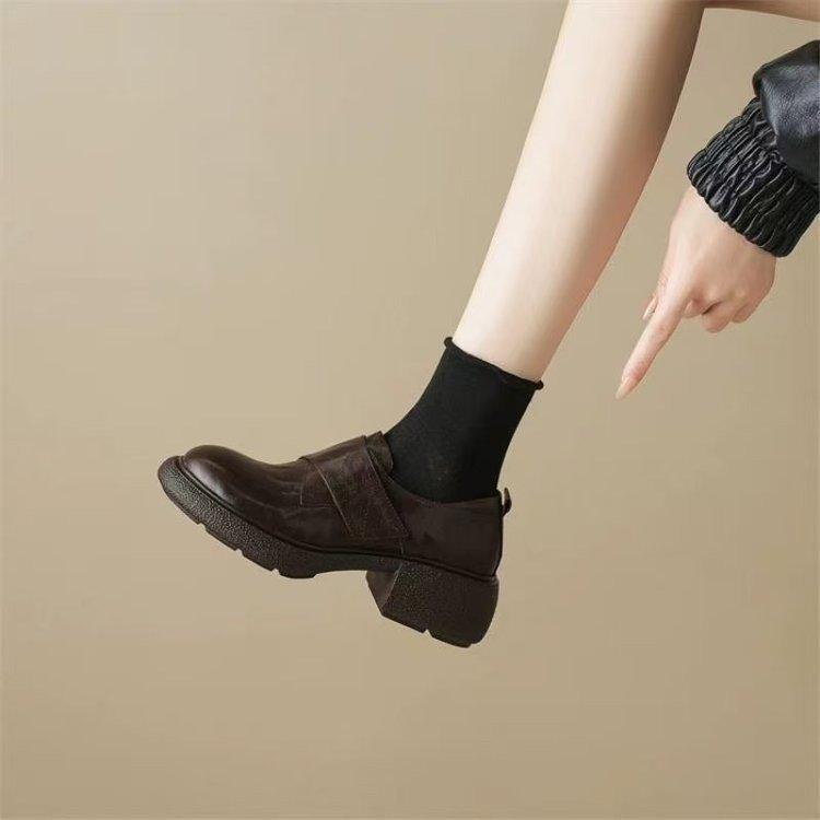 Feeling Like Stepping on Shit! so Comfortable! British Style Thick-Soled Round-Toe Genuine Leather Loafers Mid-Heel Goatskin Women's Flats Small Leather Shoes