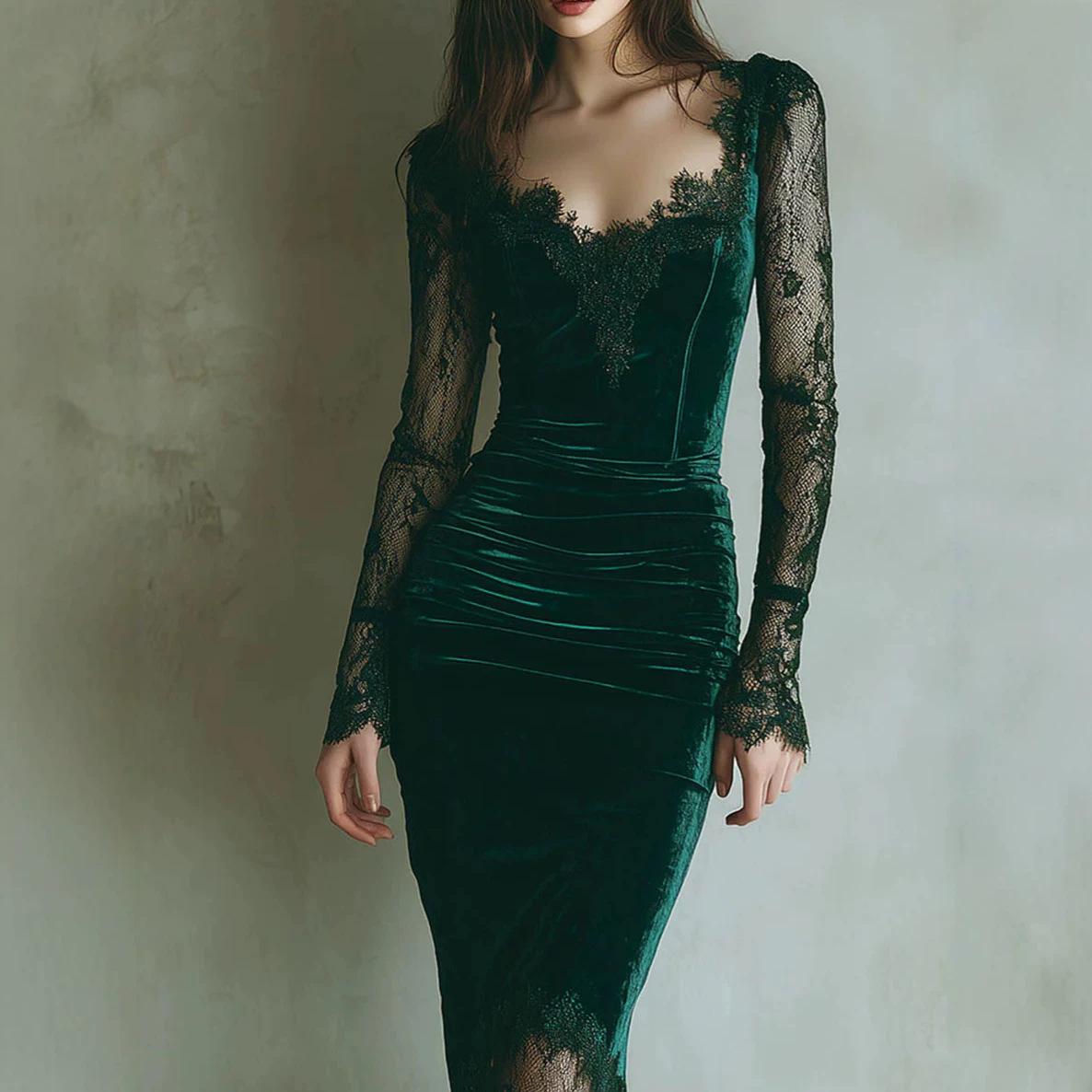 2026 European and American Women's Fashion: French-style Sexy Lace Patchwork Slimming Bodycon Dress for Amazon