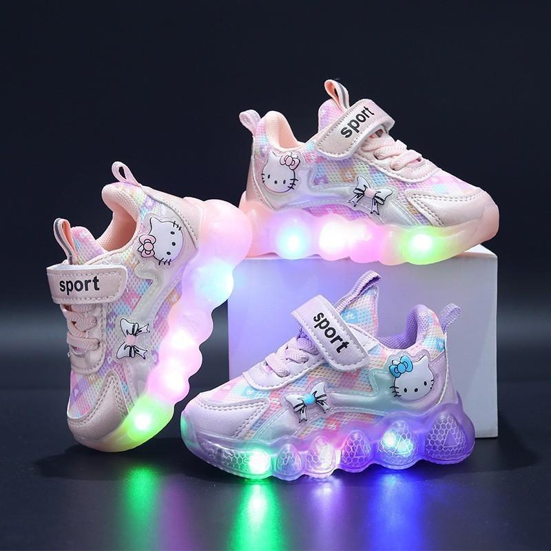 Baby Girl's Shoes with Lights, Girls' Sports Shoes, Soft Soles, 2025 Spring & Fall New Mesh Hello Kitty Dropshipping