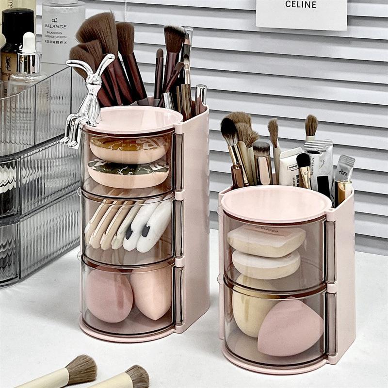 Two-In-One Powder Puff Storage Box Desktop Makeup Brush Rotating Rack Cotton Pad Beauty Sponge Cosmetics Storage Box