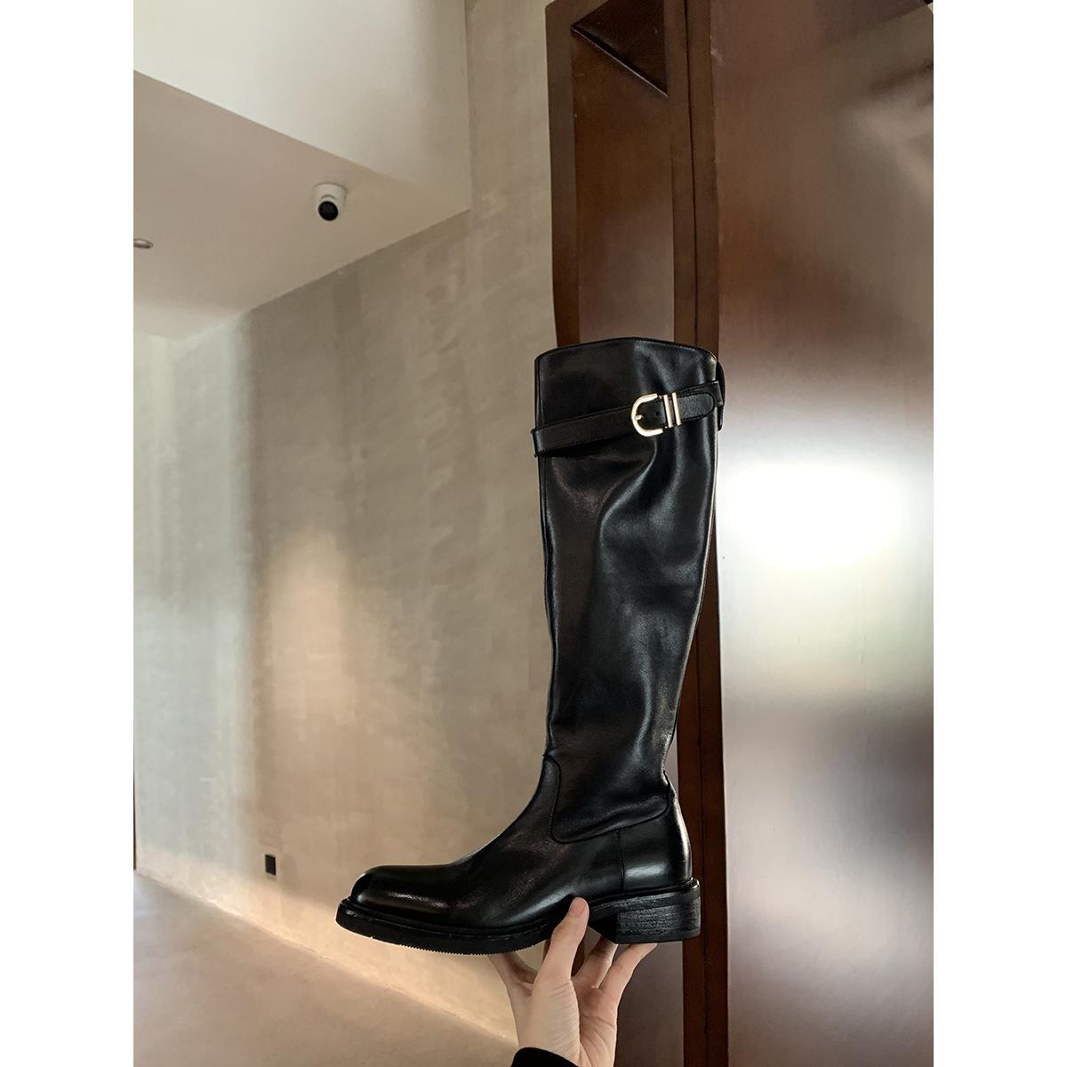 Cowhide Version Grape Mom Same Washed Horse Leather Thick Heel Thick Bottom Height-increasing Leg-showing Straight Boots Women's Autumn and Winter Knight Boots