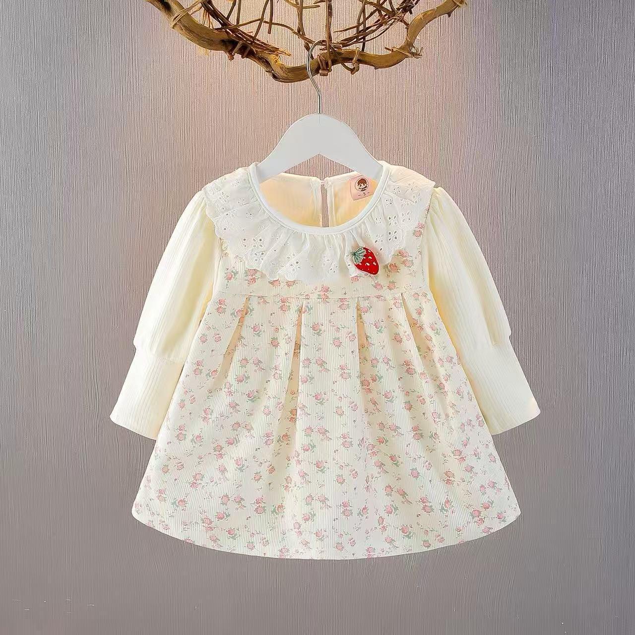 Girls' Spring and Autumn Floral Long-Sleeve Princess Dress, Baby Korean Style Two-in-One Dress, Stylish Infant Dress
