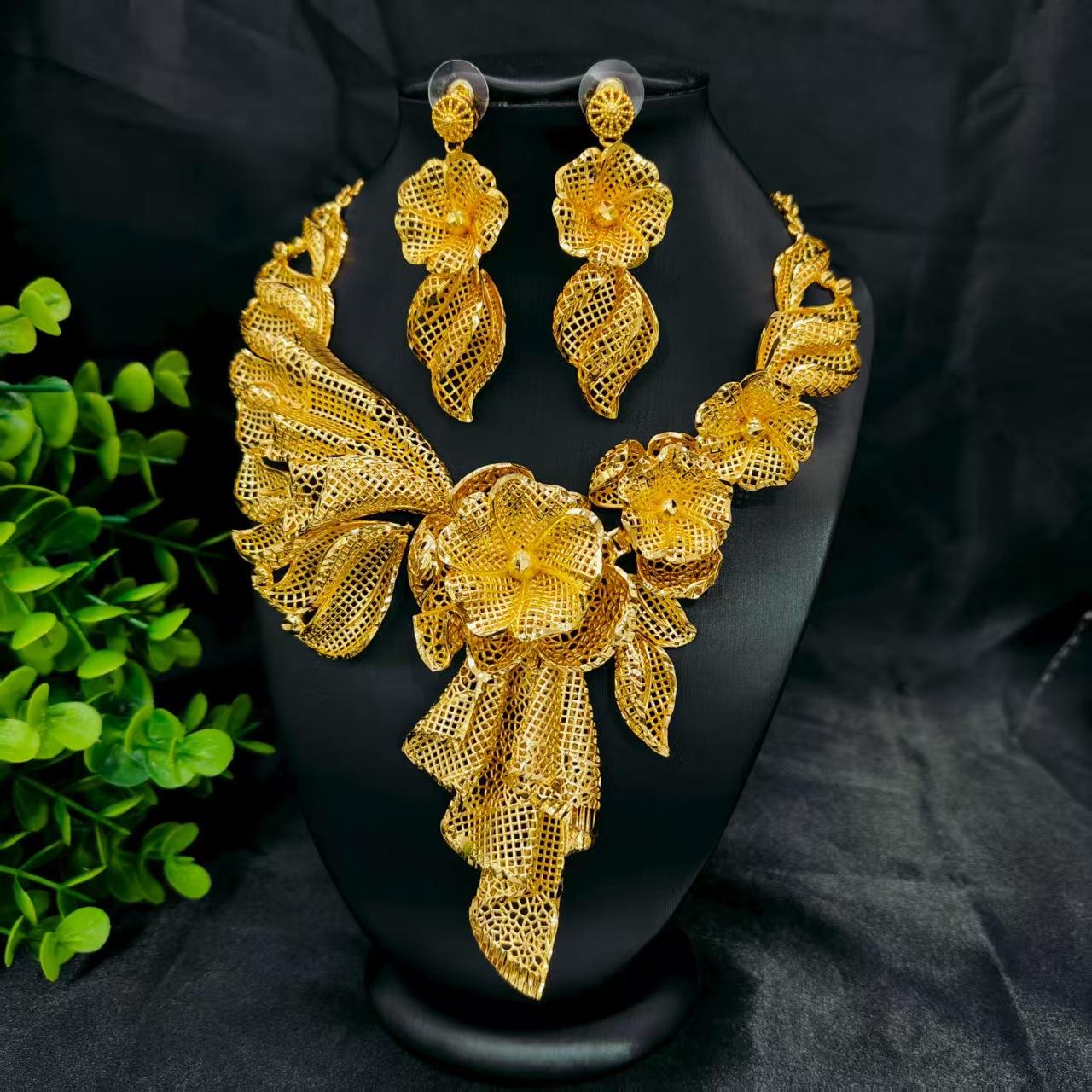 Cross-Border Hot Selling Dubai Luxury 24K Jewelry Necklace Earrings Two-Piece Set Bridal Wedding Jewelry Ready to Wear