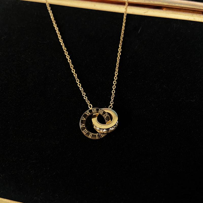 Titanium Steel Non-Fading Roman Numeral Double Ring Necklace Women's Gold Pendant Accessible Luxury Clavicle Chain Simple Popular Same Trend