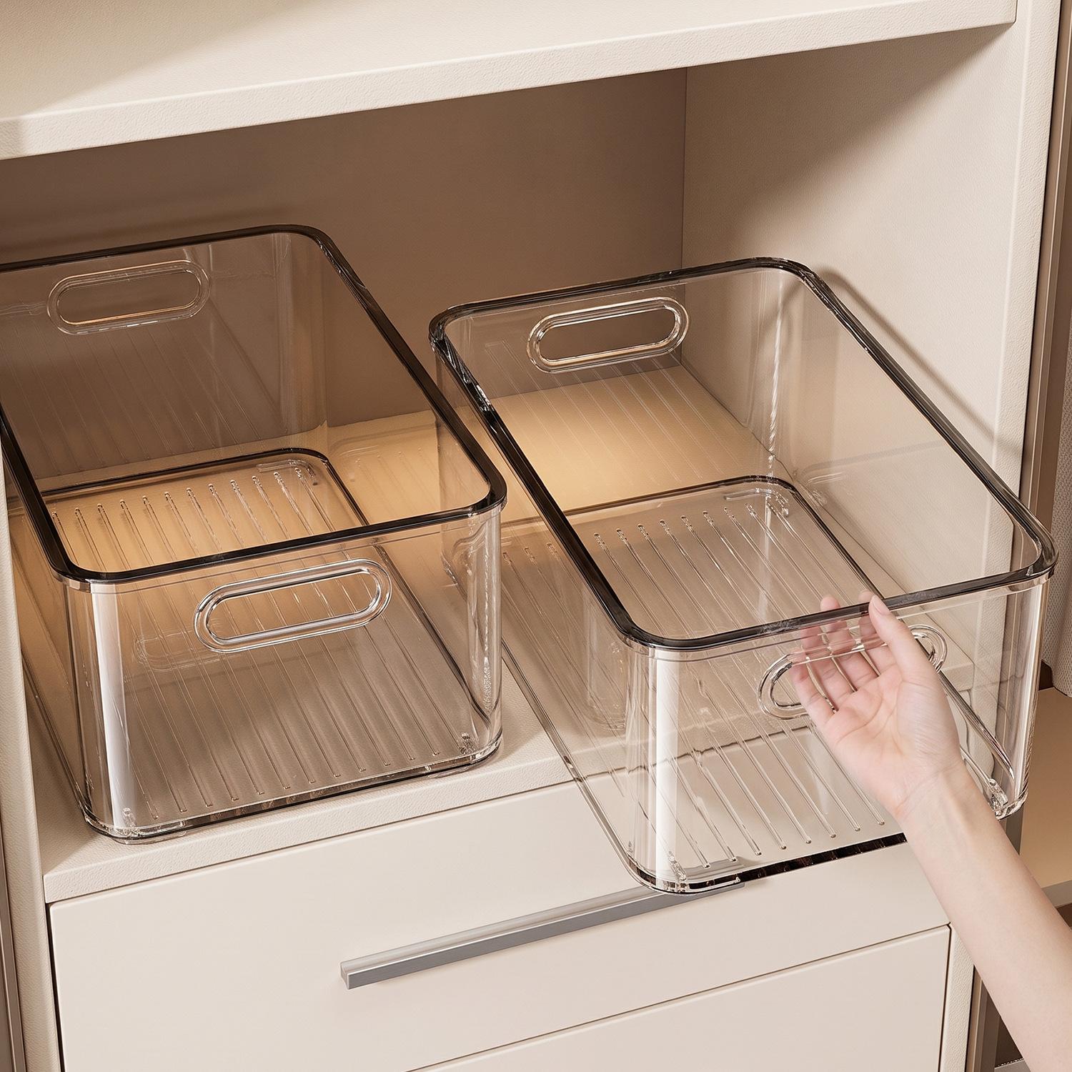 Transparent storage box, rectangular plastic storage basket, kitchen refrigerator snack desktop organizer with handle, stackable