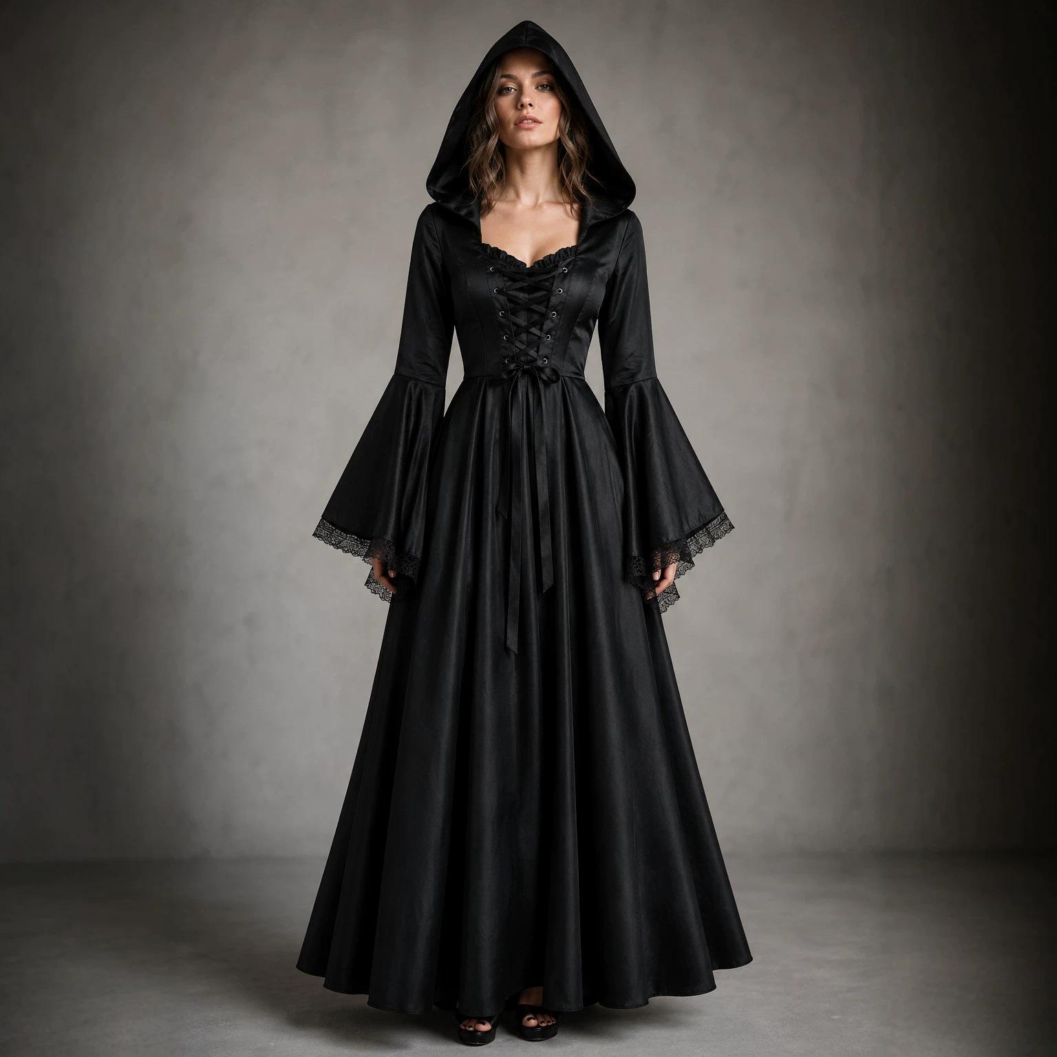 Cross-border Medieval Retro Gothic Halloween Hooded Long Dress Cosplay Witch Palace Dress