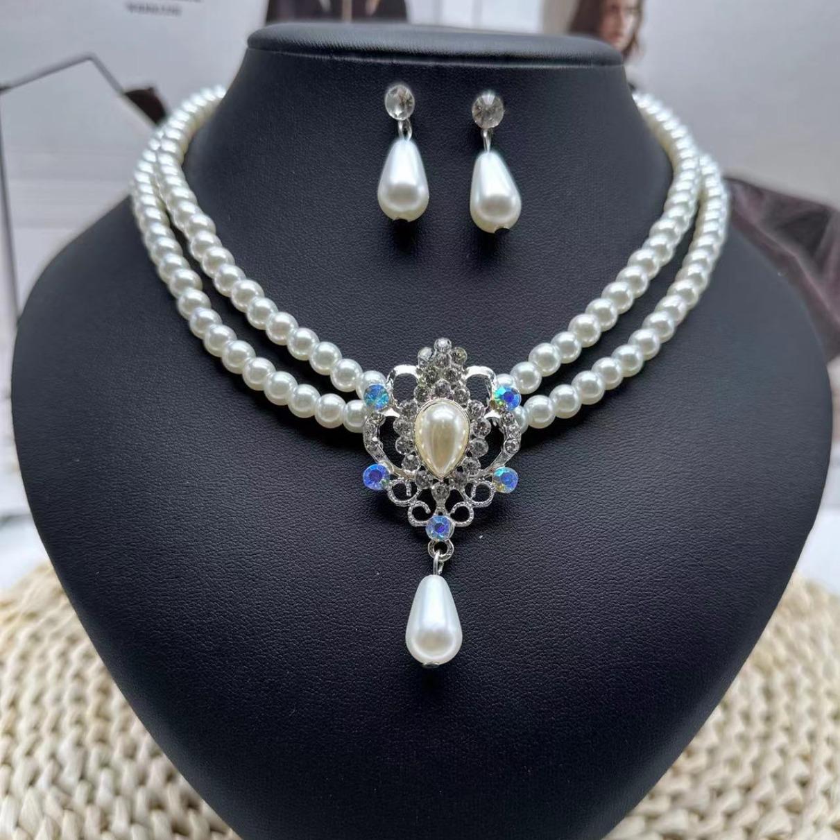 Cross-border jewelry new bridal sweater chain necklace set diamond artificial pearl necklace earring bracelet set