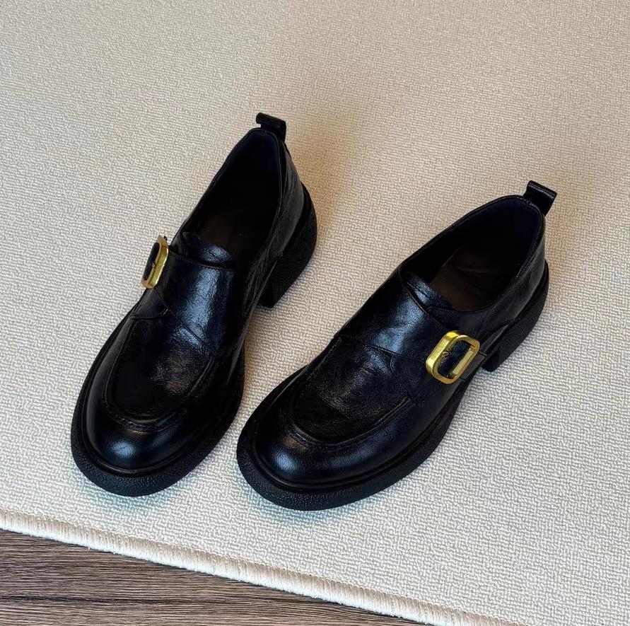 Genuine Leather British Style Loafers for Women, Autumn and Winter, with Plush Lining, Chunky Heel, Thick Sole, Small Leather Shoes, Single Shoes, Small Leather Shoes for Women, Autumn and Winter