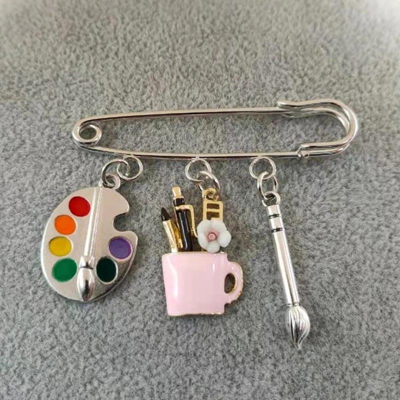 Personalized, creative, colorful artist palette, brushes, brooches, artist jewelry, teaching