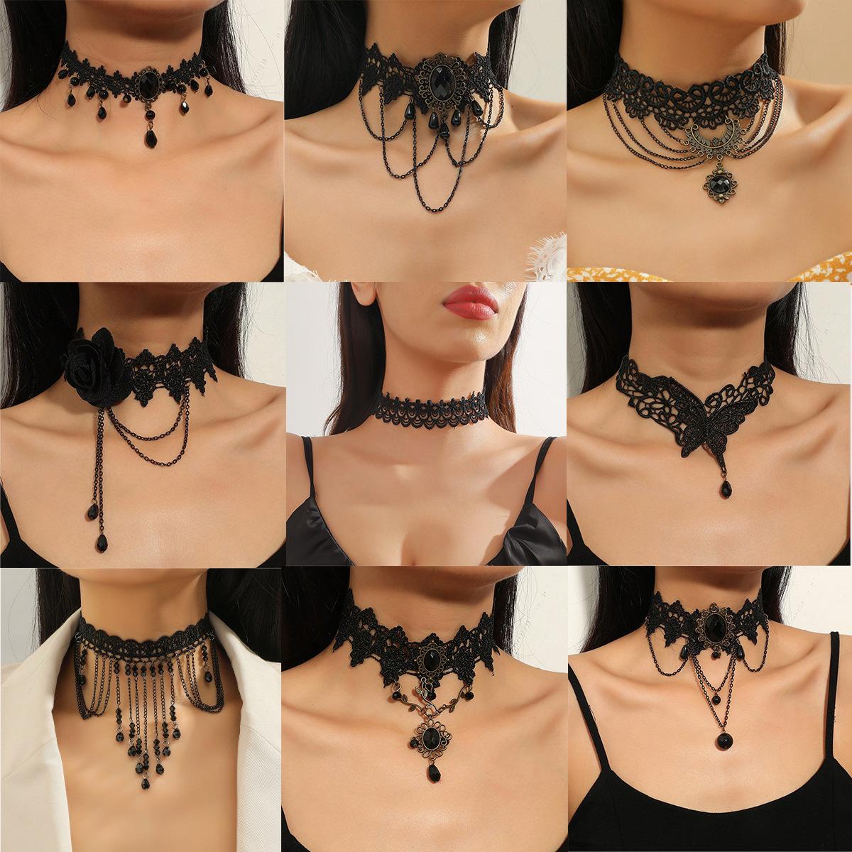 European and American Cross-Border Jewelry Black Lace Choker Lace Collarbone Pendant Light Luxury High-End Necklace Hollow Tassel Gothic Choker