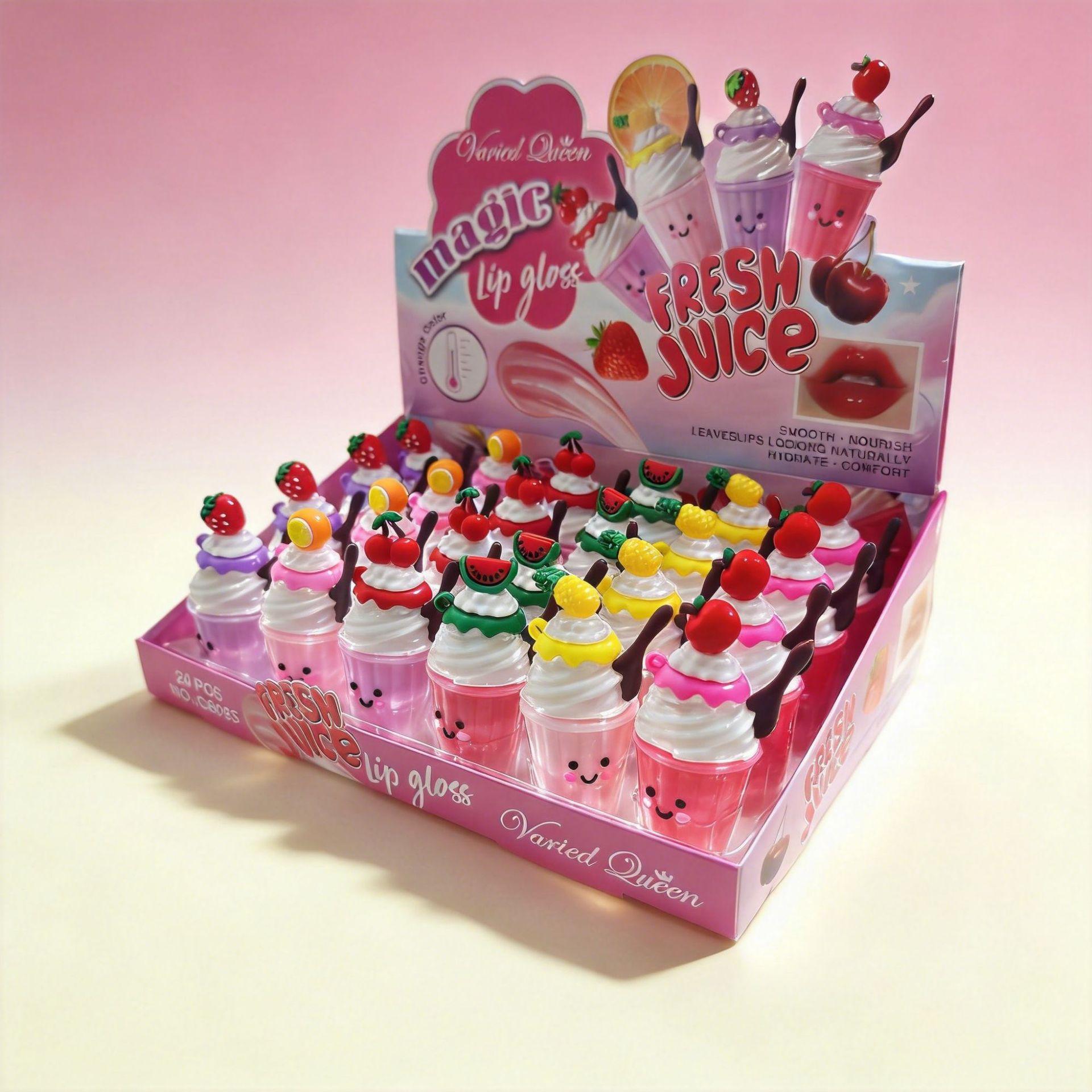 Direct from the manufacturer, cross-border bestseller: juice smoothie cup color-changing lip gloss, 24-piece display box, moisturizing lip glaze