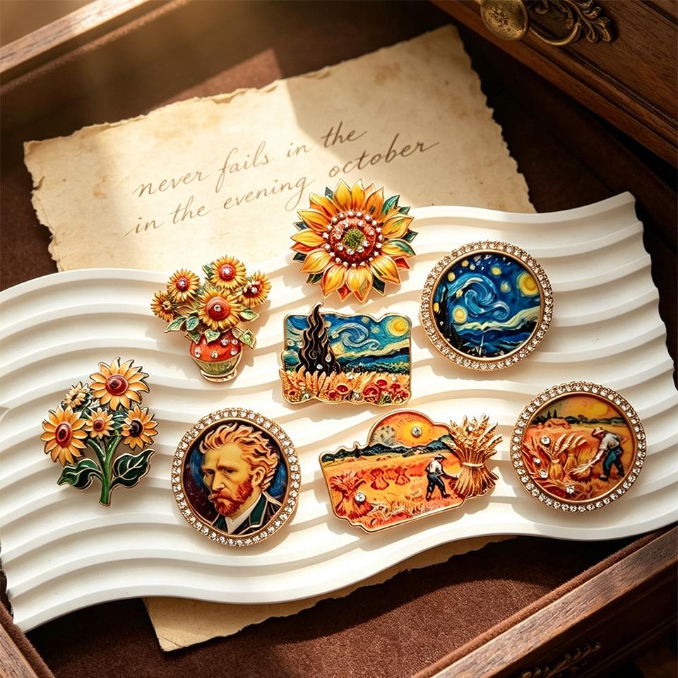 Vintage Van Gogh Oil Painting Series Brooch with Glazed Sunflower and Starry Sky Design, Artistic Accessory for Suits and Coats