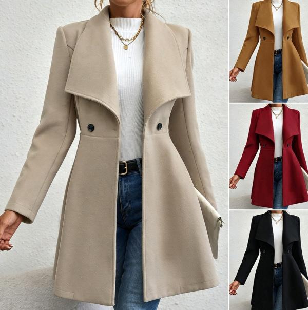 Cross-border European and American women's fashion autumn and winter stylish lapel buttoned slim woolen coat, mid-length women's coat with lapel
