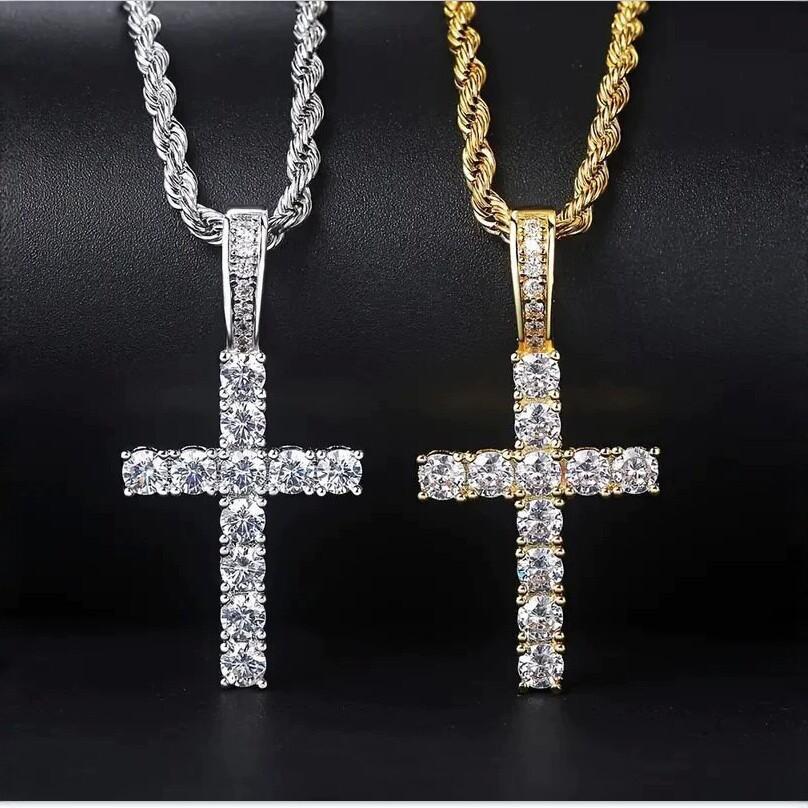 Full Diamond Cross Necklace for Men, Trendy Hip-Hop Zircon Pendant, European and American Style Titanium Steel Twist Chain, Couple's Accessories Wholesale