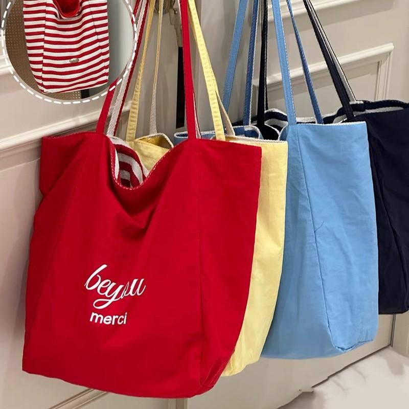 1 striped canvas bag 2024 new Korean version ins tote casual bag single shoulder large capacity tote shopping bag