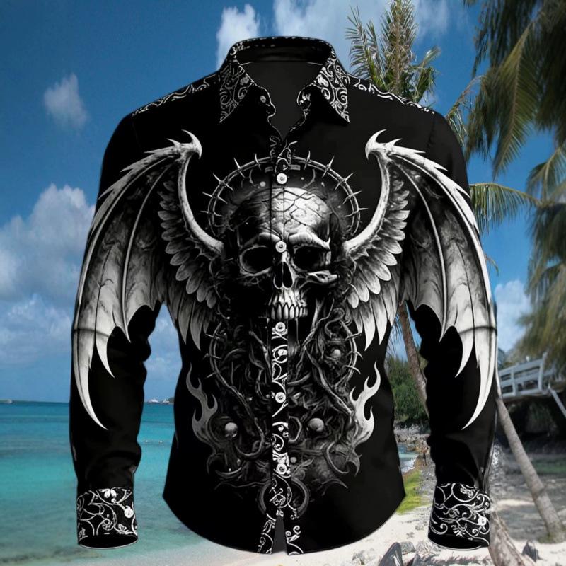 Hip-hop skull 3D printed shirt men's streetwear long-sleeve top trendy pattern T-shirt gothic style