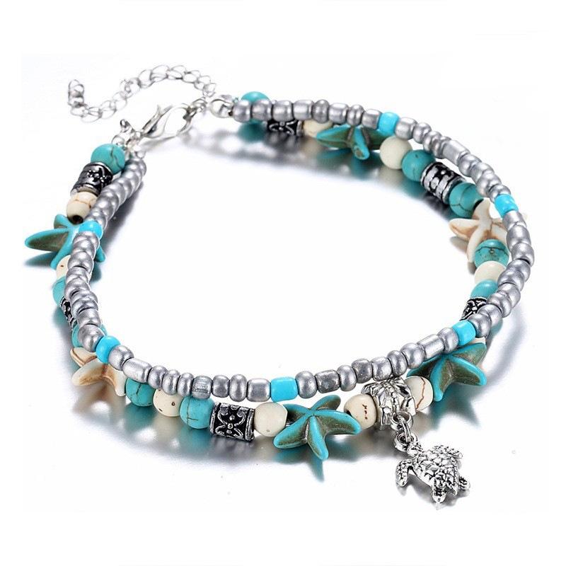 Cross-Border European and American Marine Style Double-Layer Turquoise Foot Ornaments Retro Rice Beads Starfish Turtle Scallop Alloy Pendant Anklet