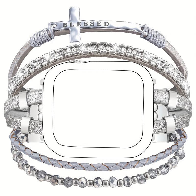 New cross design with crystal bead chain, comfortable leather watch strap suitable for all Apple Watch series 38-49mm