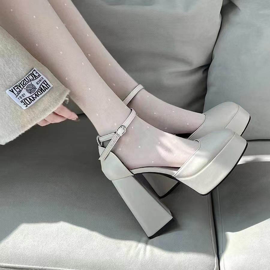 Mary Jane Coarse Heel High Heels Women's 2025 New Fairy Style Waterproof Platform French Square Toe Single-layer Shoes with Buckle