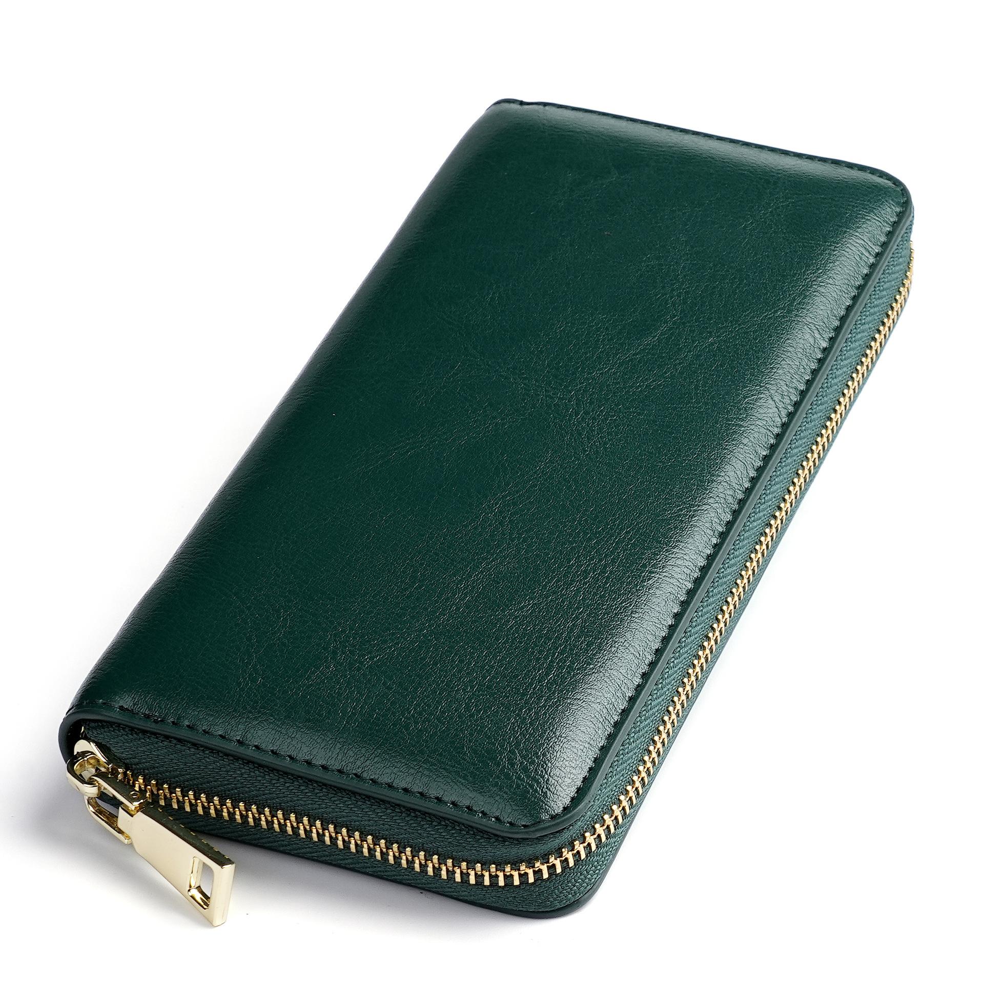 Cross-border spot new oil wax grain cowhide ladies zipper wallet long genuine leather large capacity handbag Long Fortune cloth
