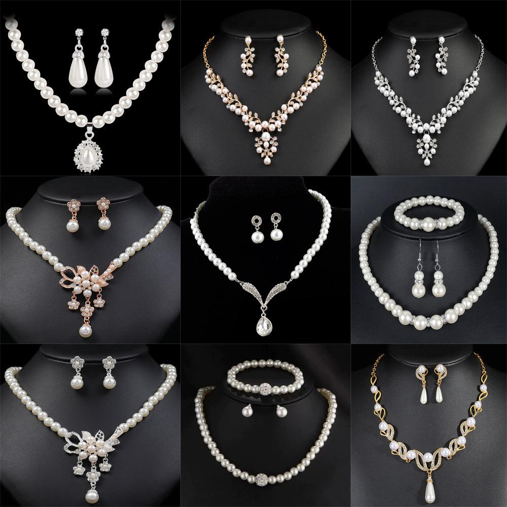 Pearl and rhinestone necklace and earring set, bridal full-diamond choker, versatile collarbone chain jewelry, wedding jewelry