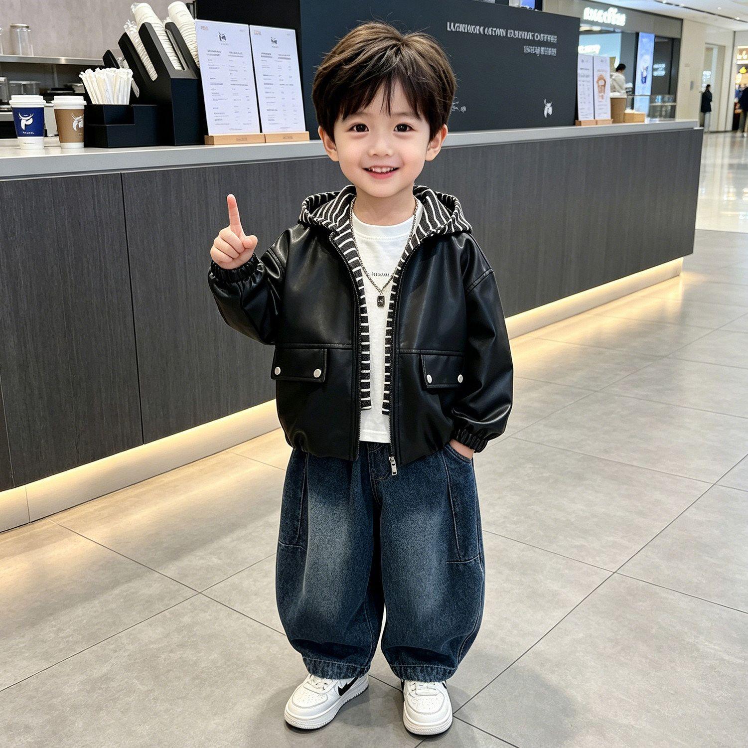 Boys' leather jacket 2026 new style children's clothing fake two-piece autumn stylish versatile baby autumn leather jacket trendy