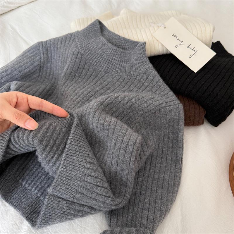 Children's Sweater 2026 New Winter Collection: High-Neck Ribbed Sweater for Boys and Girls, Solid Color Base Sweater for Babies