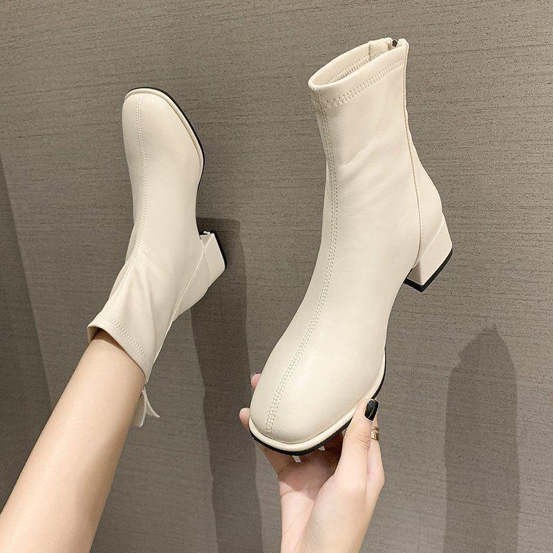 White Short Boots for Women, Solid Color, 2021 Winter New Korean Style Versatile Chunky Heel Square Toe Short Boots for Spring and Autumn