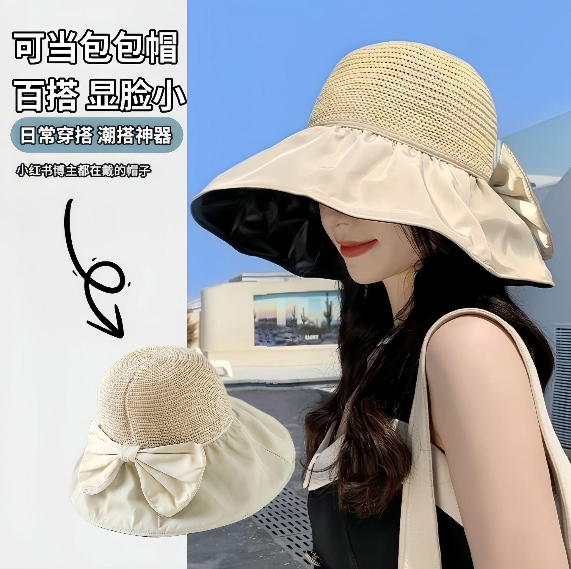 Sunshade Black Rubber Sun Protection Hat with Bow, Summer Face-Covering Fisherman Hat, Outdoor Straw Hat, Anti-Uv Sun Hat for Women
